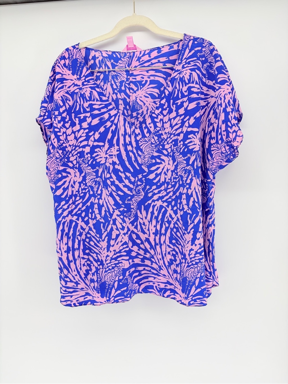 Lilly Pulitzer Asher Silk V-Neck Top Vibrant Rollin in the Grass Zebra Blue/Pink